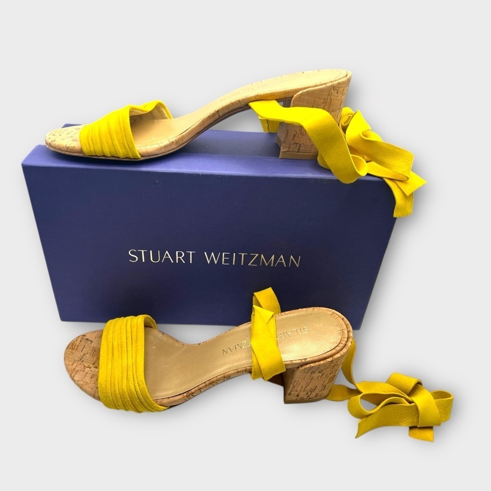 Stuart Weitzman Swiftycork Jonquil Yellow Suede Cork Heel Sandals Sz 7 M Box - Picture 3 of 8